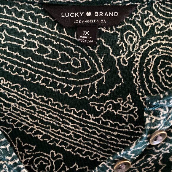 LUCKY BRAND Paisley Green White Long Sleeves Brown Button Neck/Wrist Blouse 1X - Picture 8 of 9